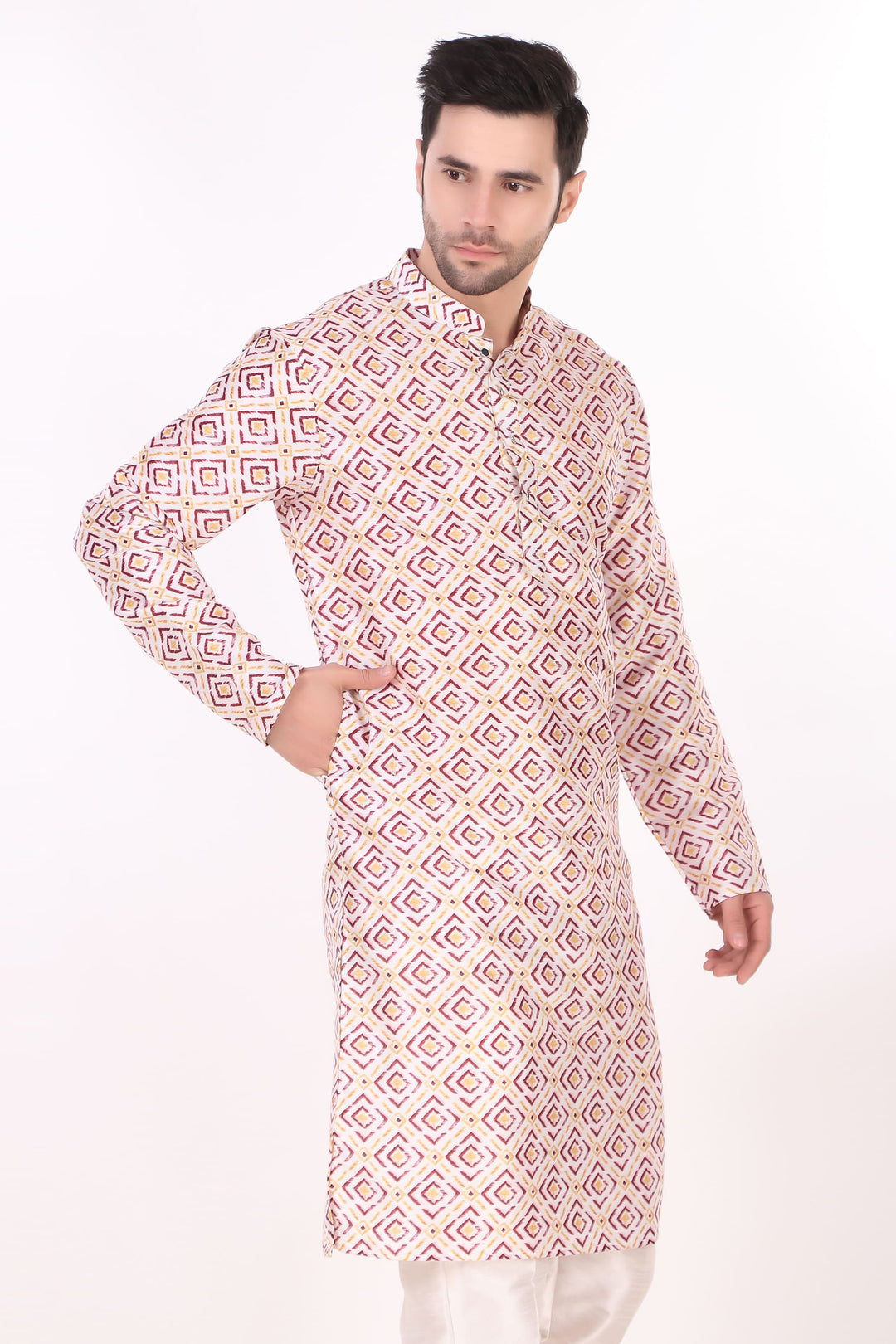 Festive Art Silk Kurta | Off-White Kurta with Cream Pajama for Men