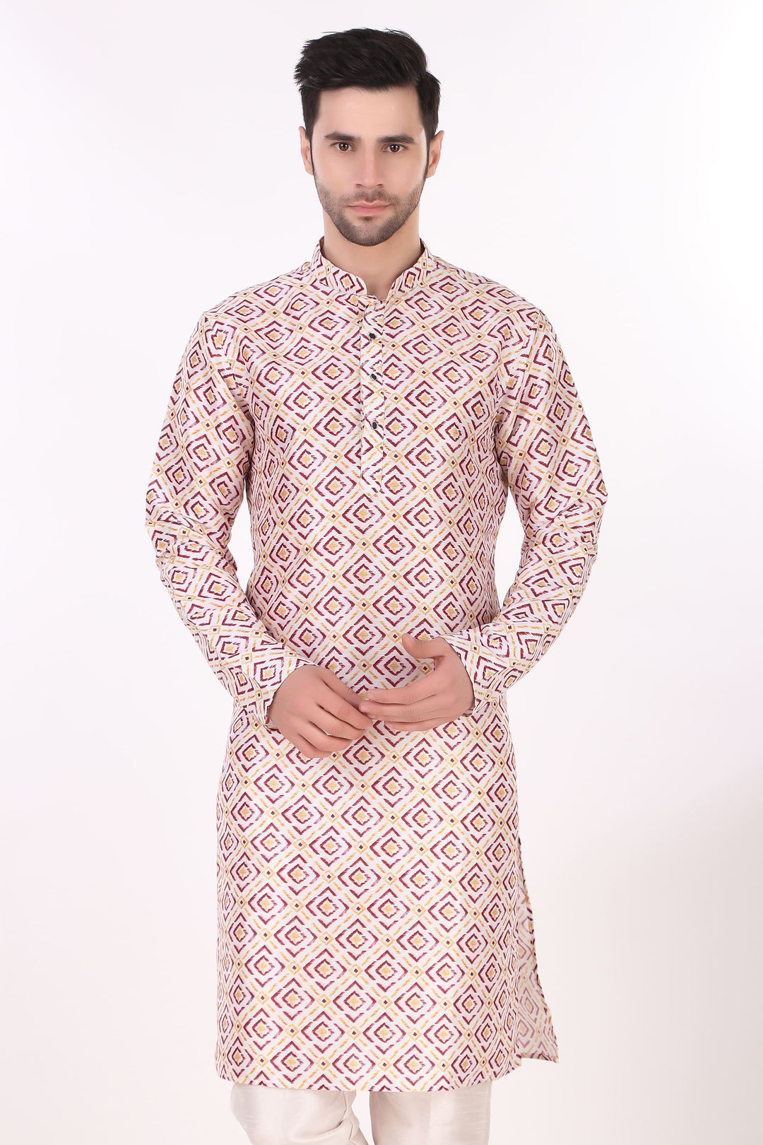 Festive Art Silk Kurta | Off-White Kurta with Cream Pajama for Men