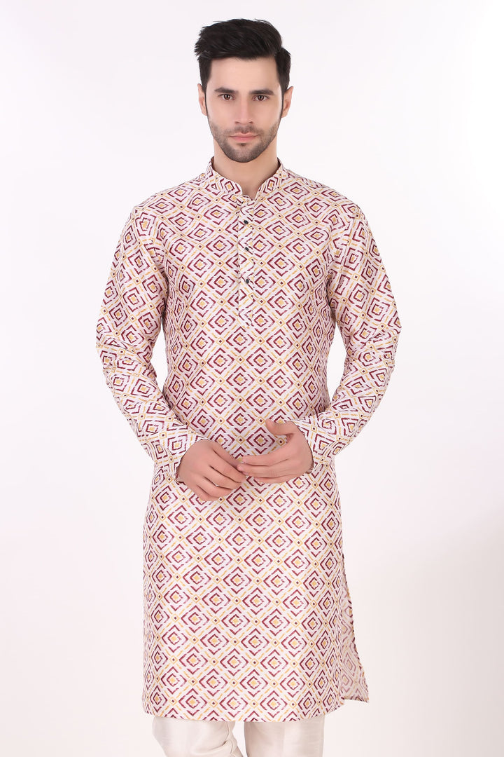 Festive Art Silk Kurta | Off-White Kurta with Cream Pajama for Men