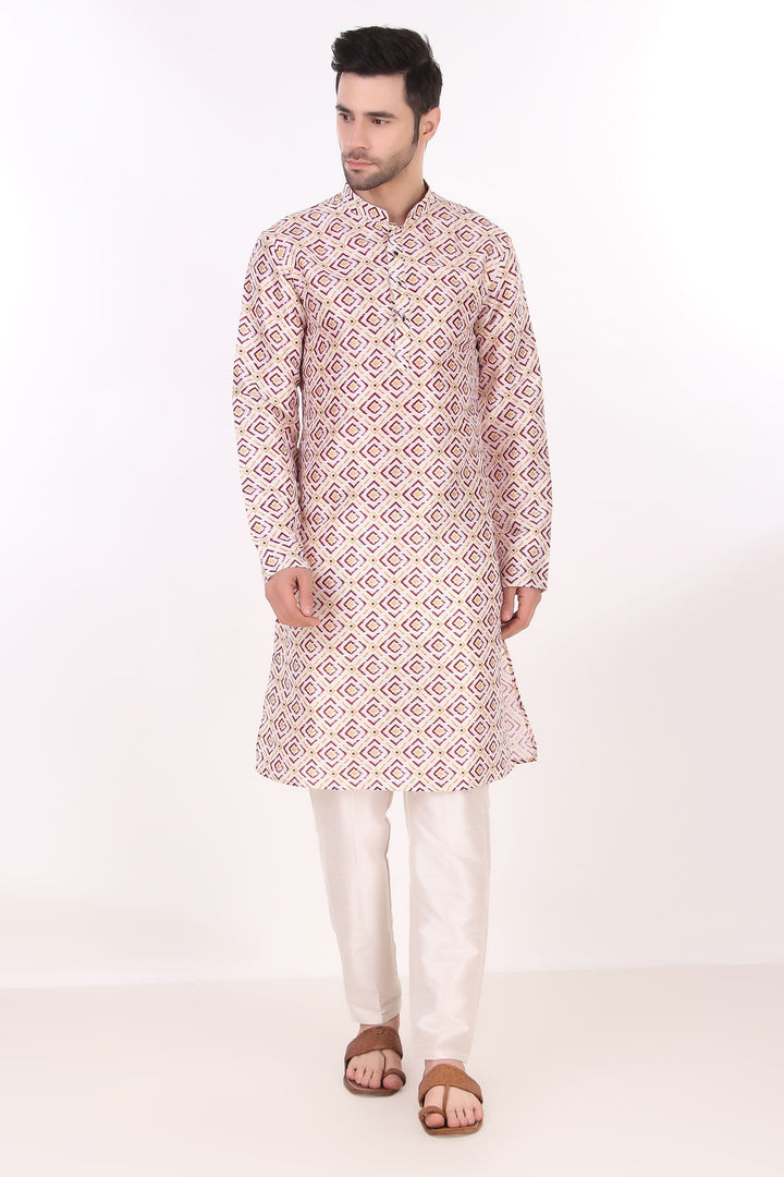 Festive Art Silk Kurta | Off-White Kurta with Cream Pajama for Men