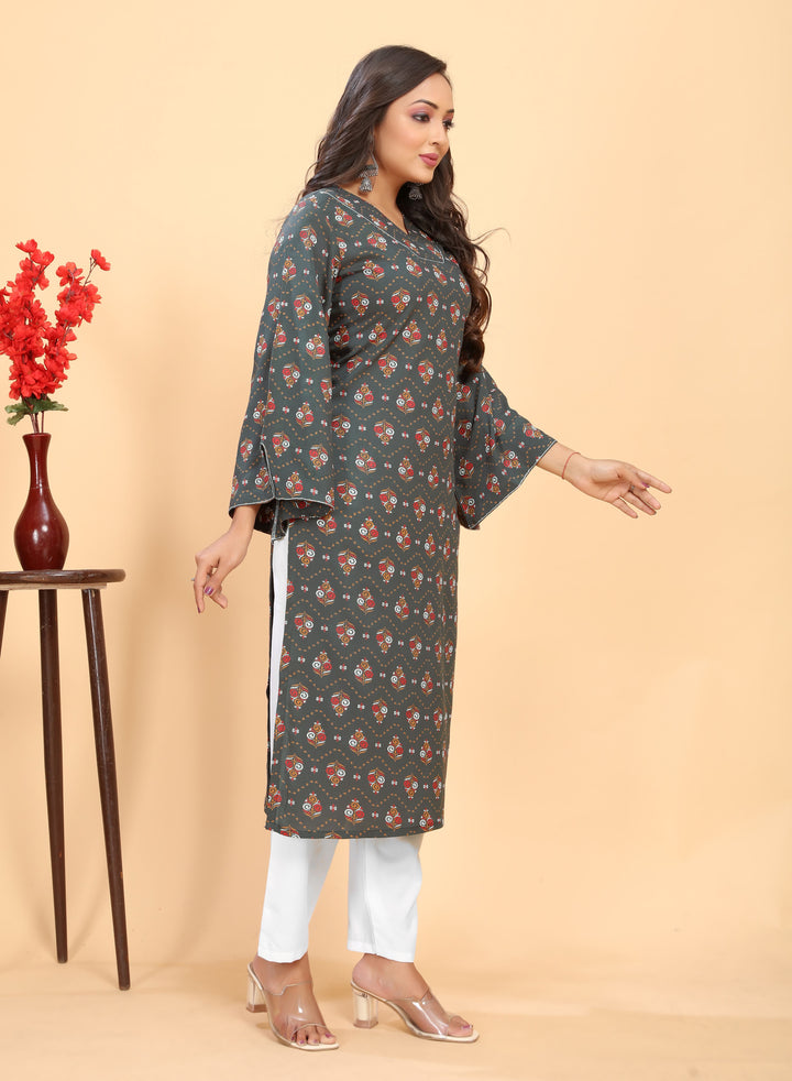 Stylish Rayon Outfit | Beautiful Printed Kurti with Off-White Bottom