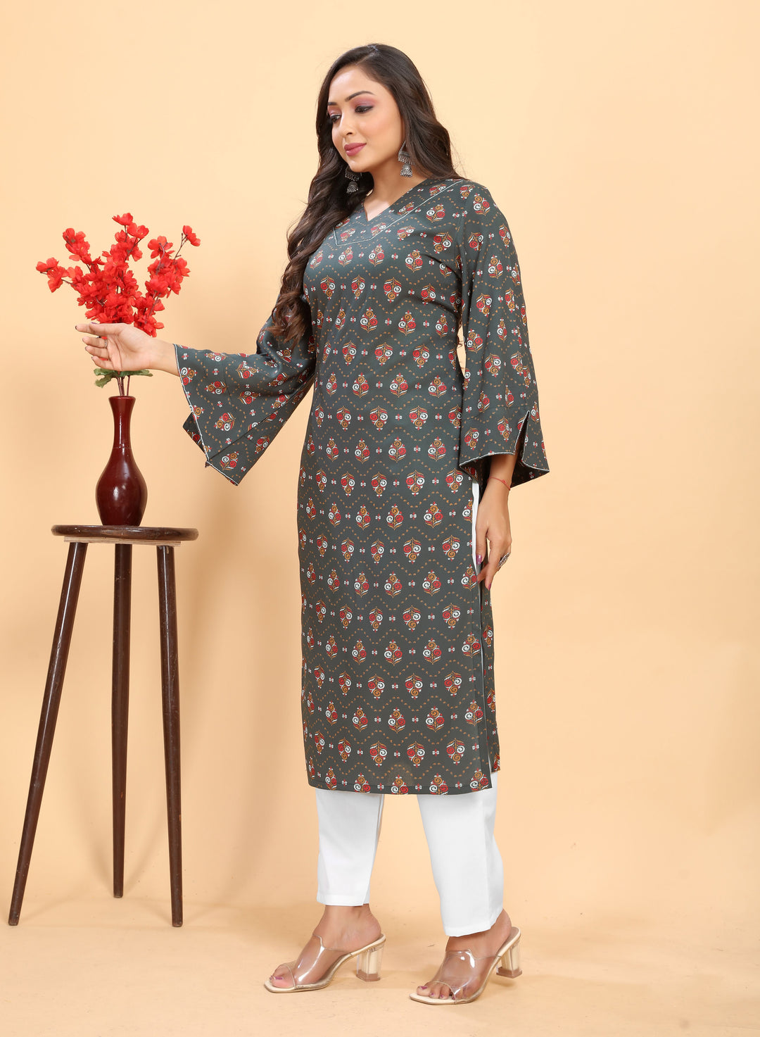 Stylish Rayon Outfit | Beautiful Printed Kurti with Off-White Bottom