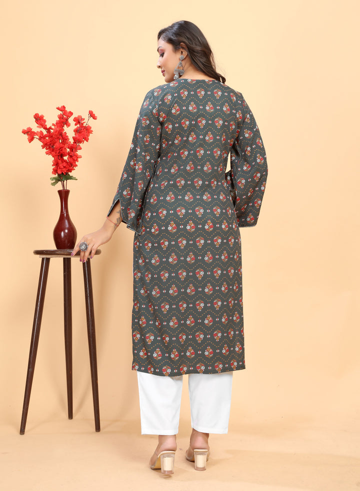 Stylish Rayon Outfit | Beautiful Printed Kurti with Off-White Bottom