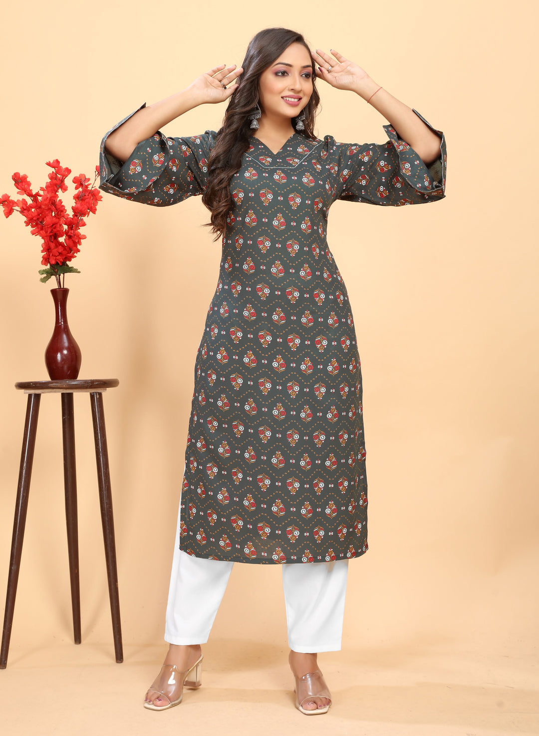 Stylish Rayon Outfit | Beautiful Printed Kurti with Off-White Bottom