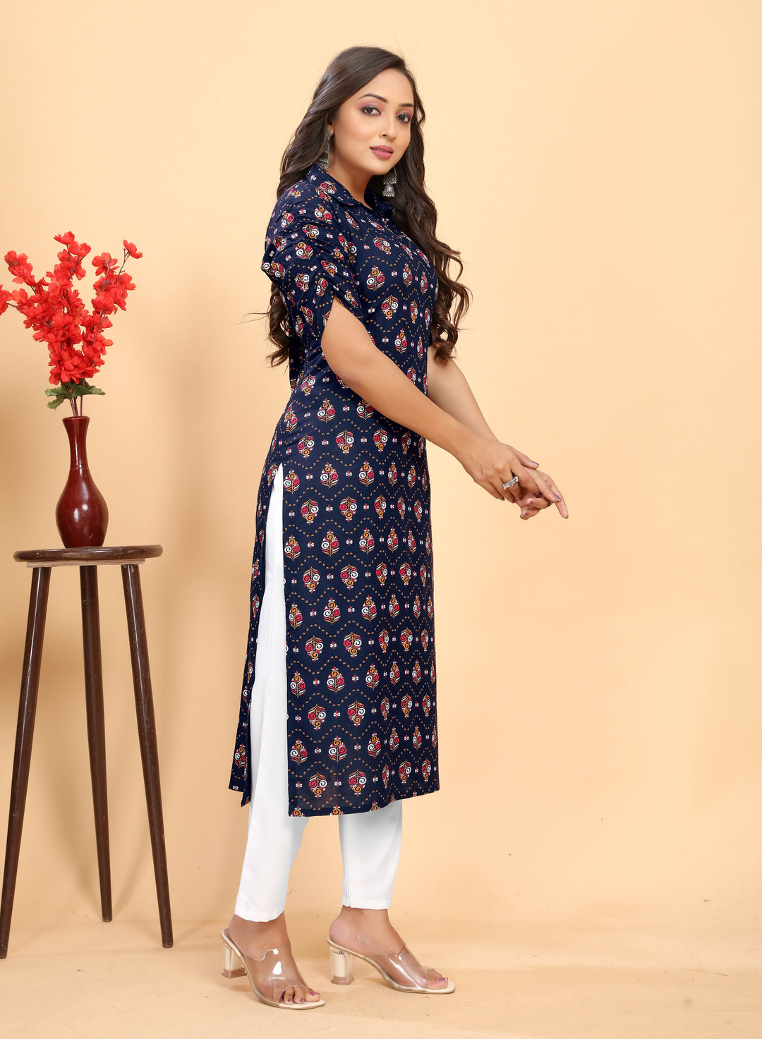 Stylish Rayon Outfit | Beautiful Printed Kurti with Off-White Bottom