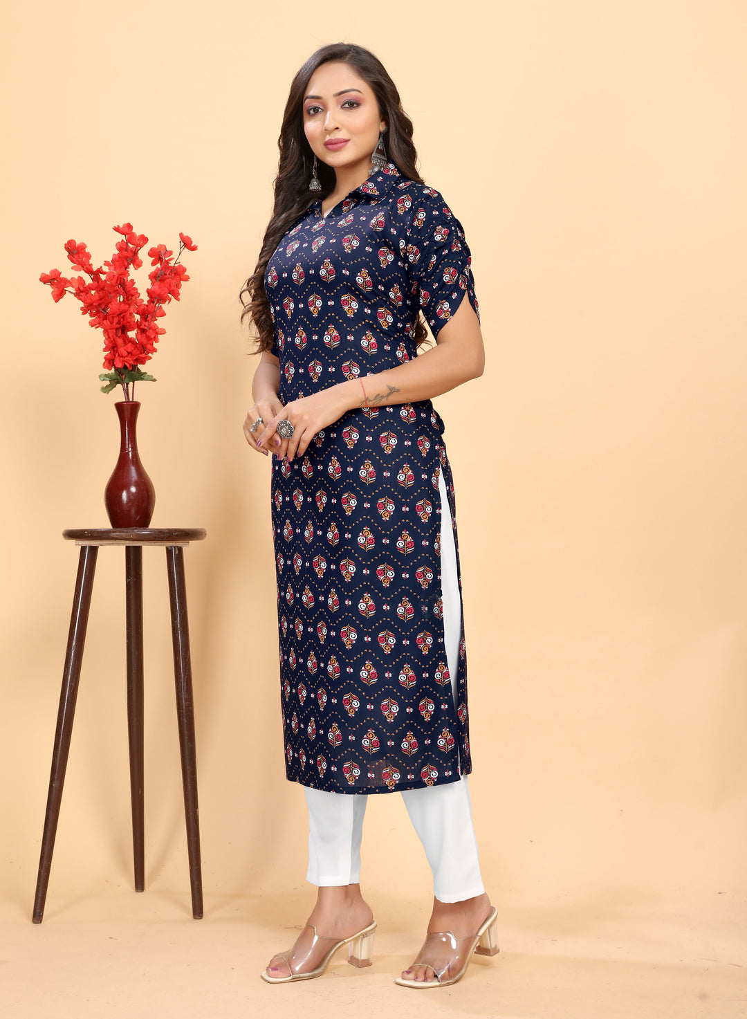 Stylish Rayon Outfit | Beautiful Printed Kurti with Off-White Bottom