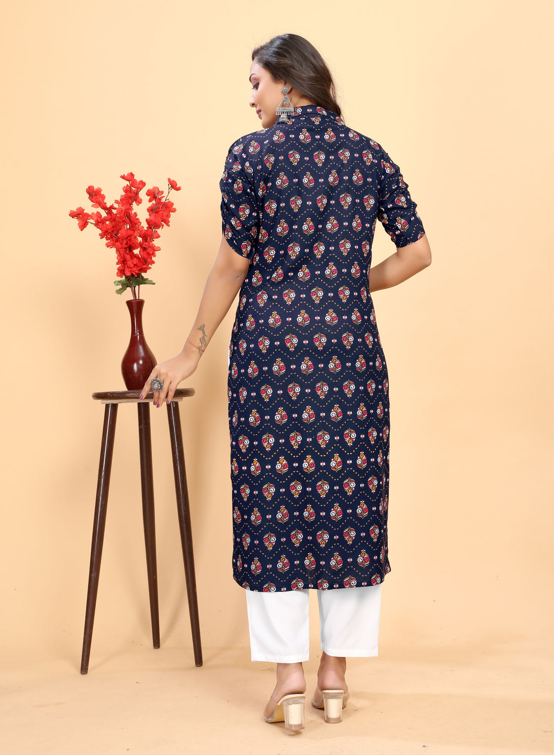 Stylish Rayon Outfit | Beautiful Printed Kurti with Off-White Bottom