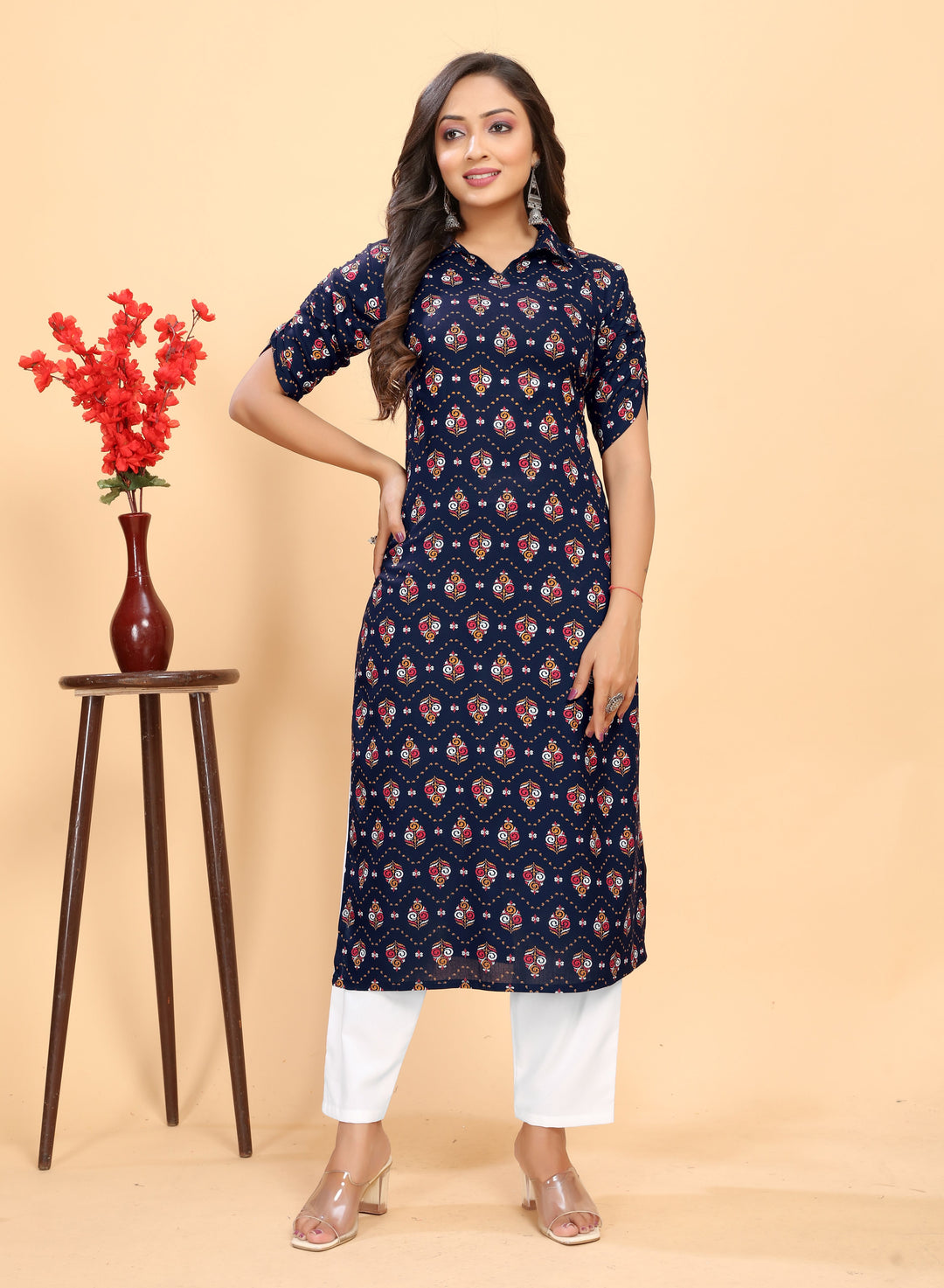 Stylish Rayon Outfit | Beautiful Printed Kurti with Off-White Bottom