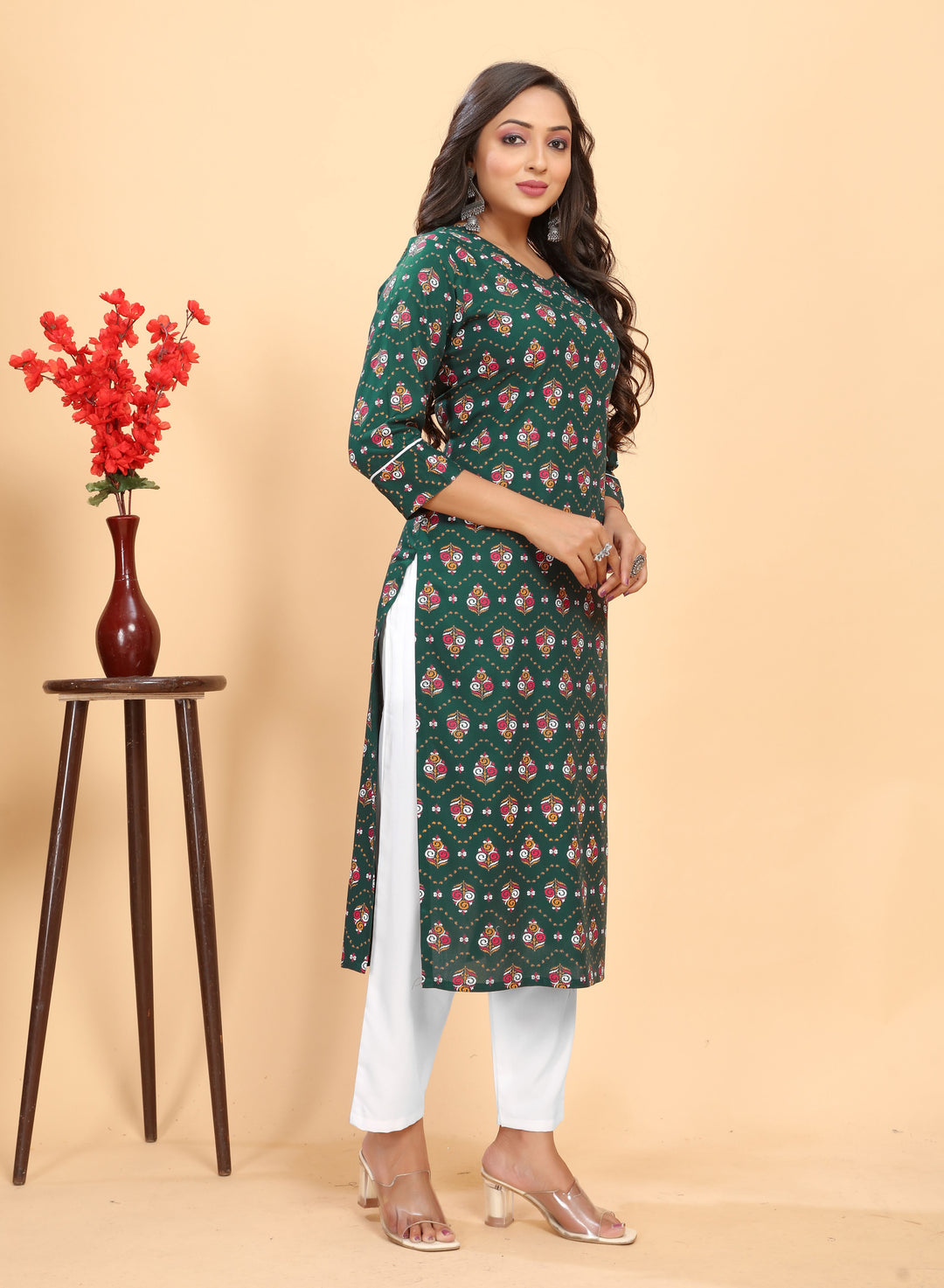 Stylish Rayon Outfit | Beautiful Printed Kurti with Off-White Bottom