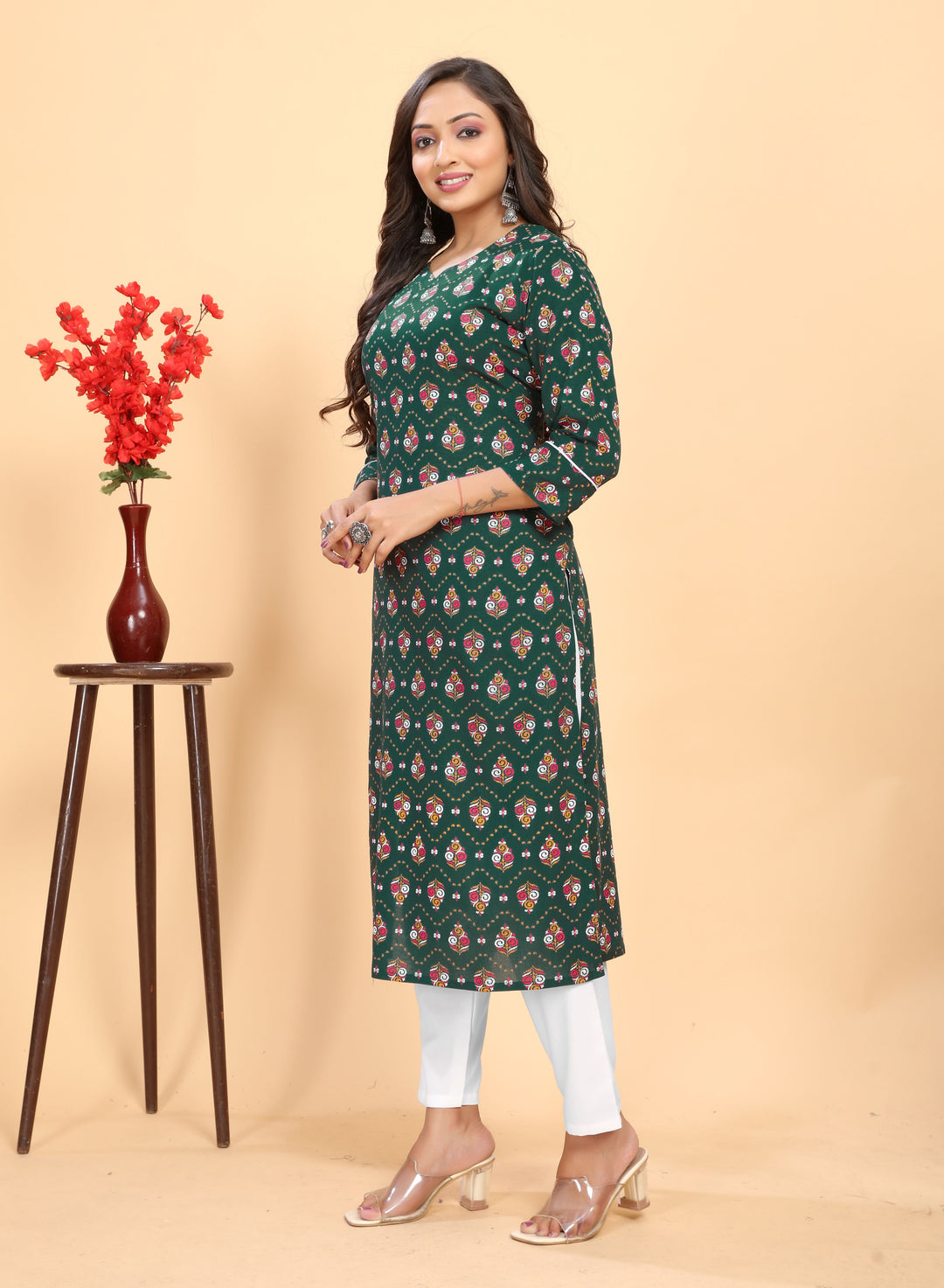 Stylish Rayon Outfit | Beautiful Printed Kurti with Off-White Bottom