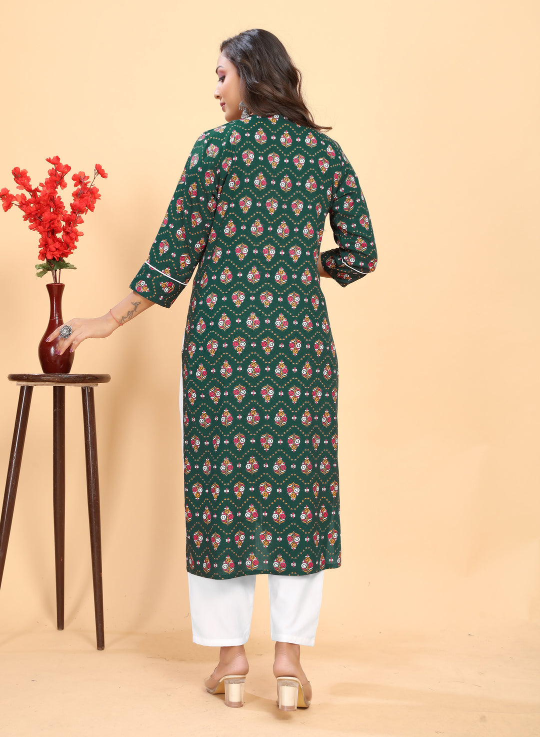 Stylish Rayon Outfit | Beautiful Printed Kurti with Off-White Bottom