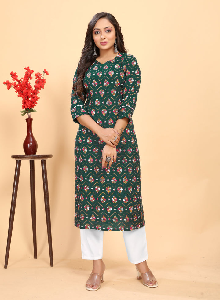 Stylish Rayon Outfit | Beautiful Printed Kurti with Off-White Bottom