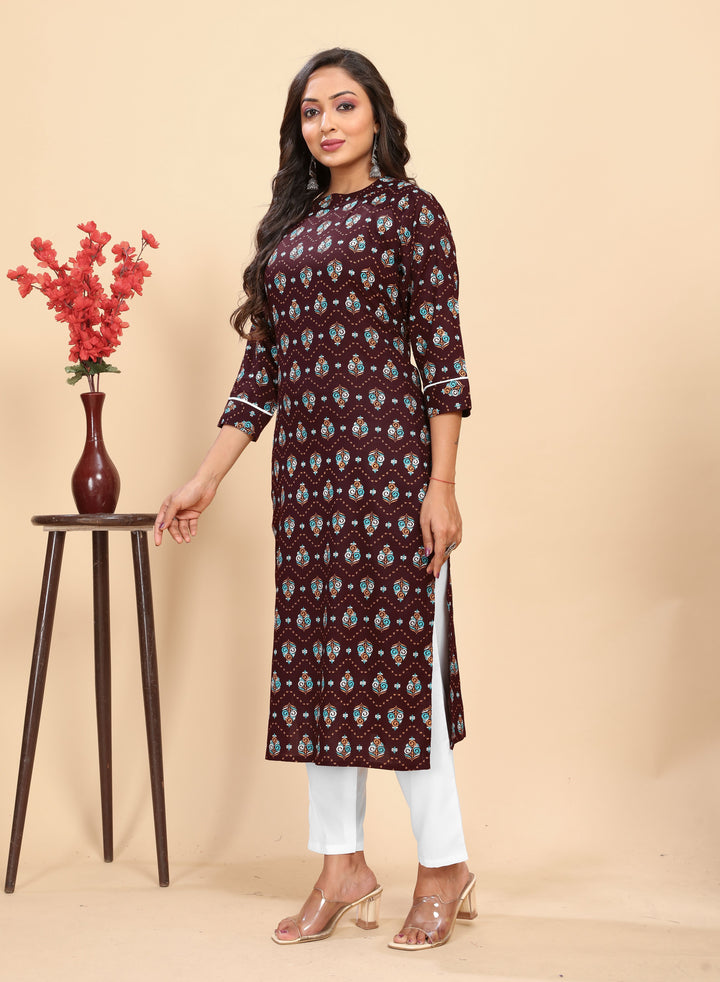 Stylish Rayon Outfit | Beautiful Printed Kurti with Off-White Bottom