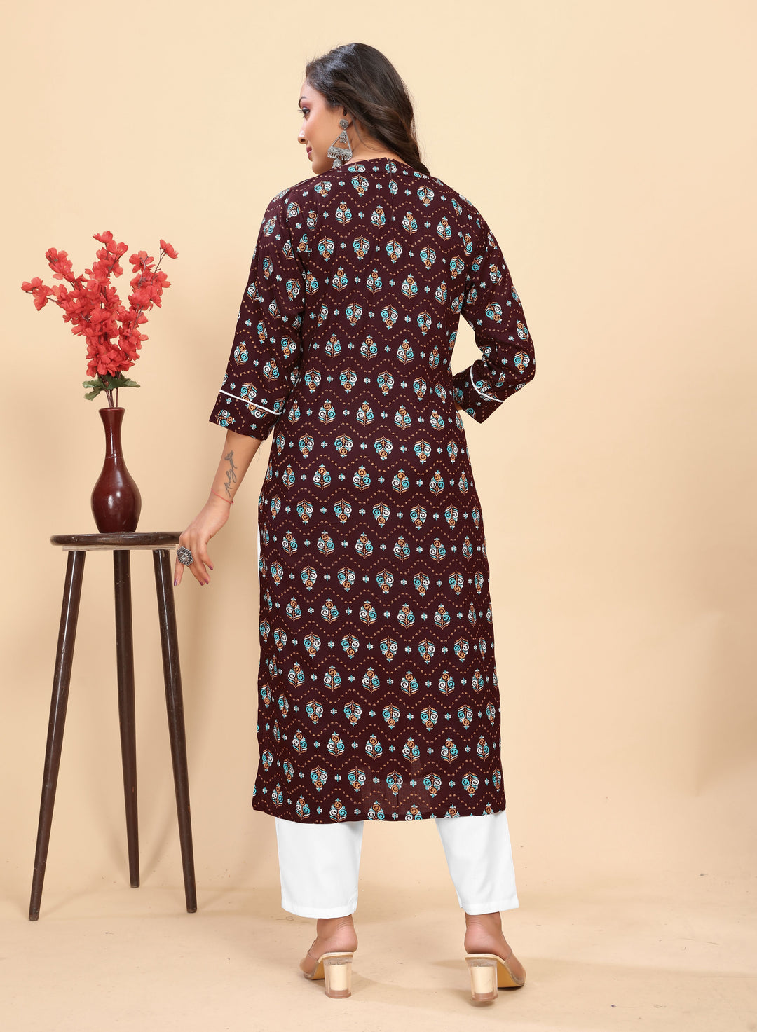 Stylish Rayon Outfit | Beautiful Printed Kurti with Off-White Bottom