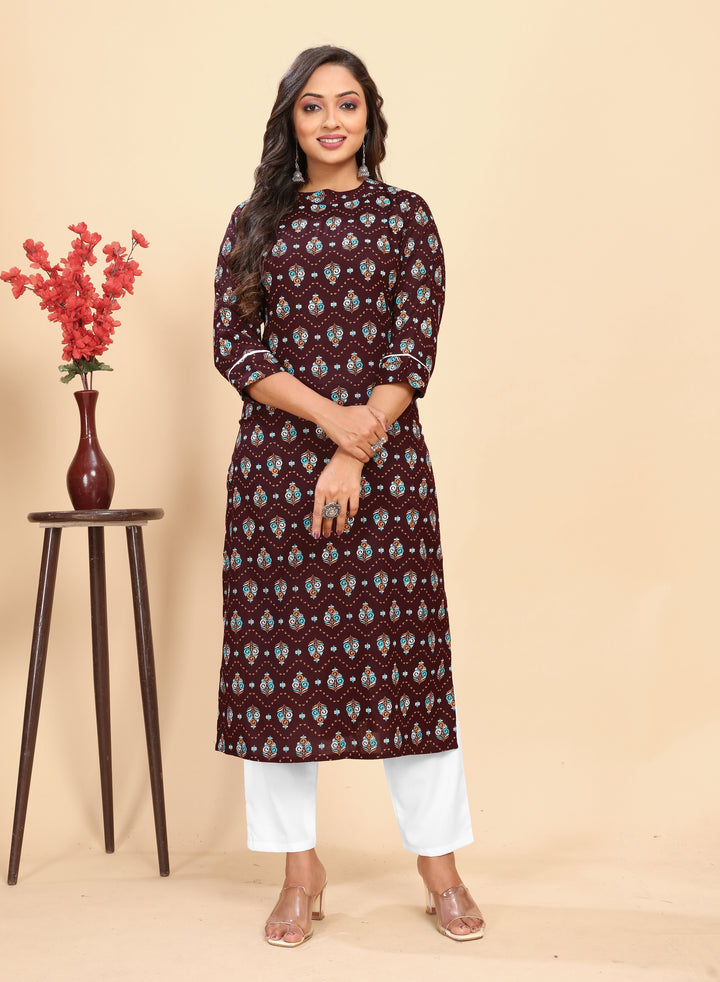 Stylish Rayon Outfit | Beautiful Printed Kurti with Off-White Bottom