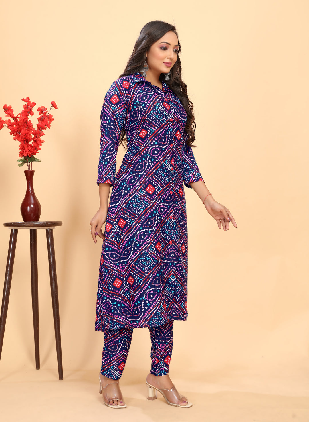 Navy Blue Rayon Kurti Set | Designer Bandhani Printed Top & Bottom