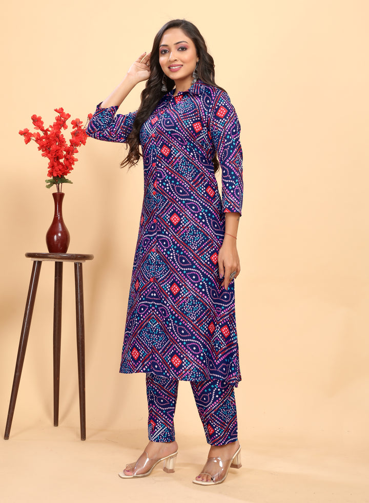 Navy Blue Rayon Kurti Set | Designer Bandhani Printed Top & Bottom