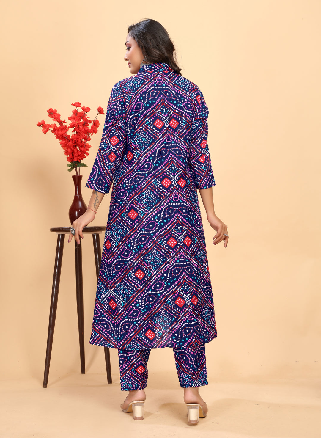 Navy Blue Rayon Kurti Set | Designer Bandhani Printed Top & Bottom