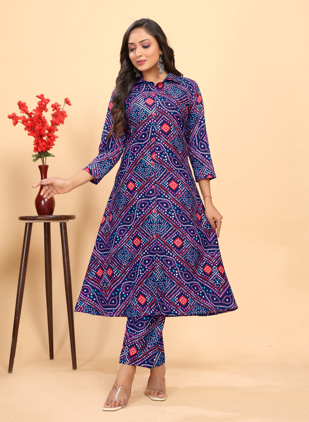 Navy Blue Rayon Kurti Set | Designer Bandhani Printed Top & Bottom