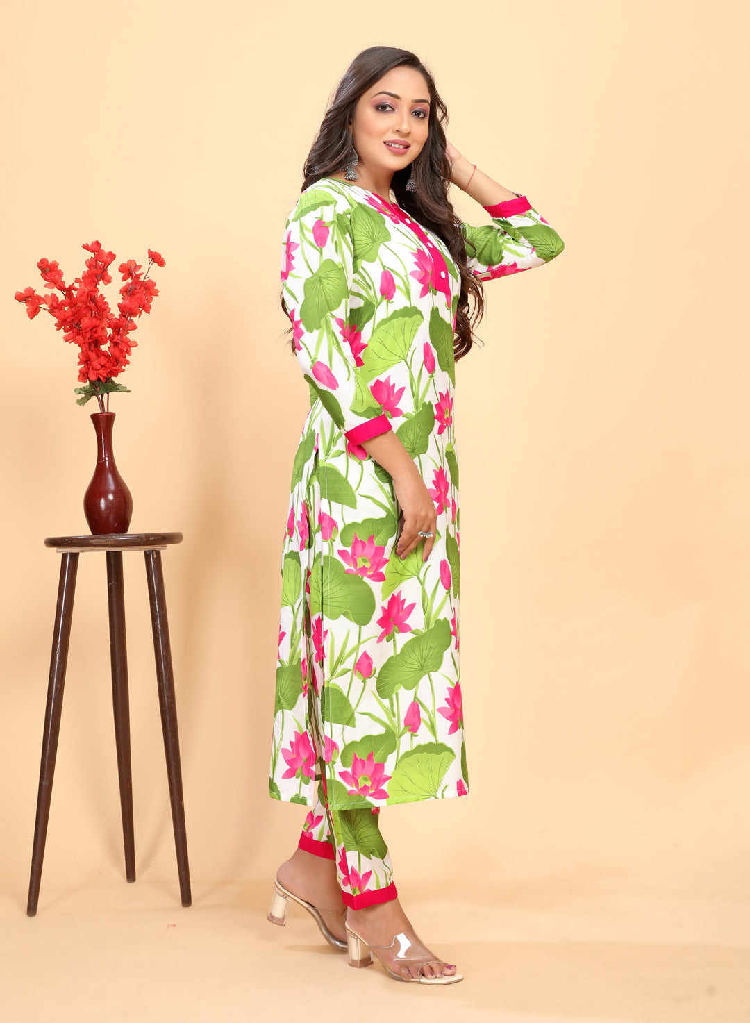 Green Rayon Kurti Set | Designer Floral Printed Top & Bottom for Women