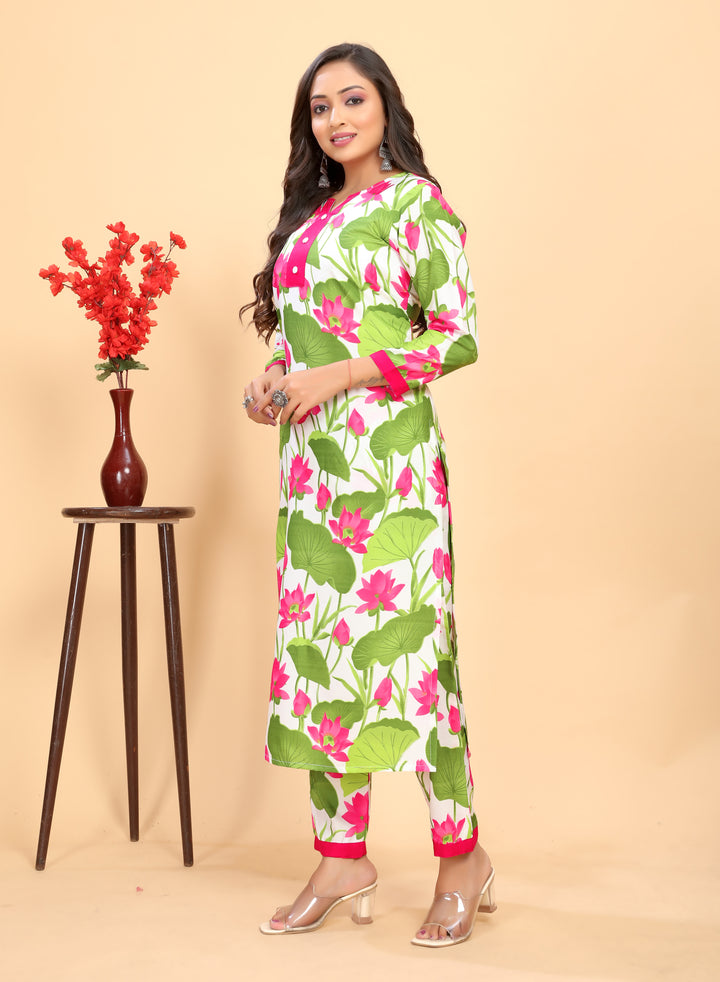 Green Rayon Kurti Set | Designer Floral Printed Top & Bottom for Women