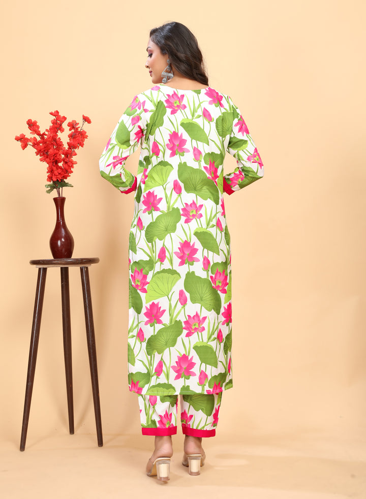 Green Rayon Kurti Set | Designer Floral Printed Top & Bottom for Women