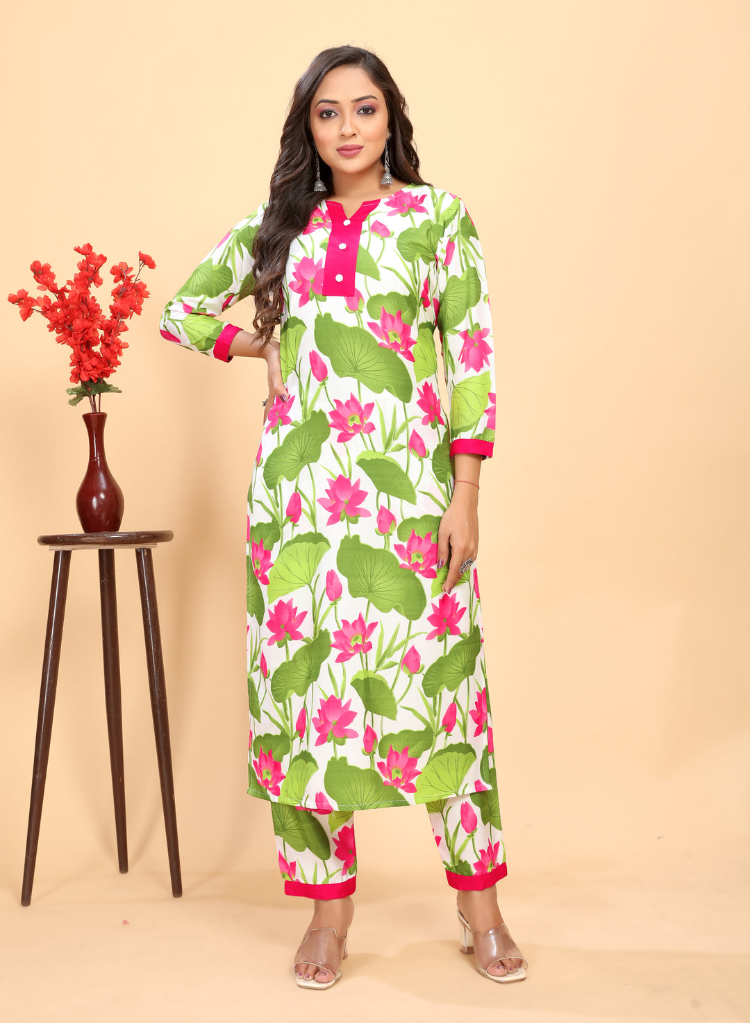 Green Rayon Kurti Set | Designer Floral Printed Top & Bottom for Women