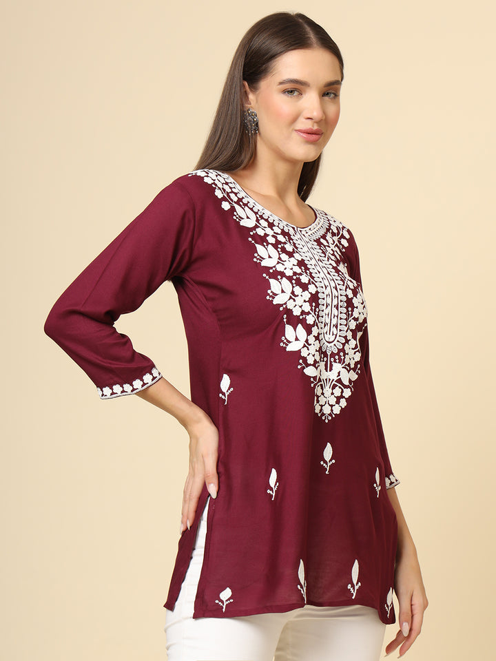 Stylish Short Kurti | Elegant Rayon Kurti with Chikankari Embroidery