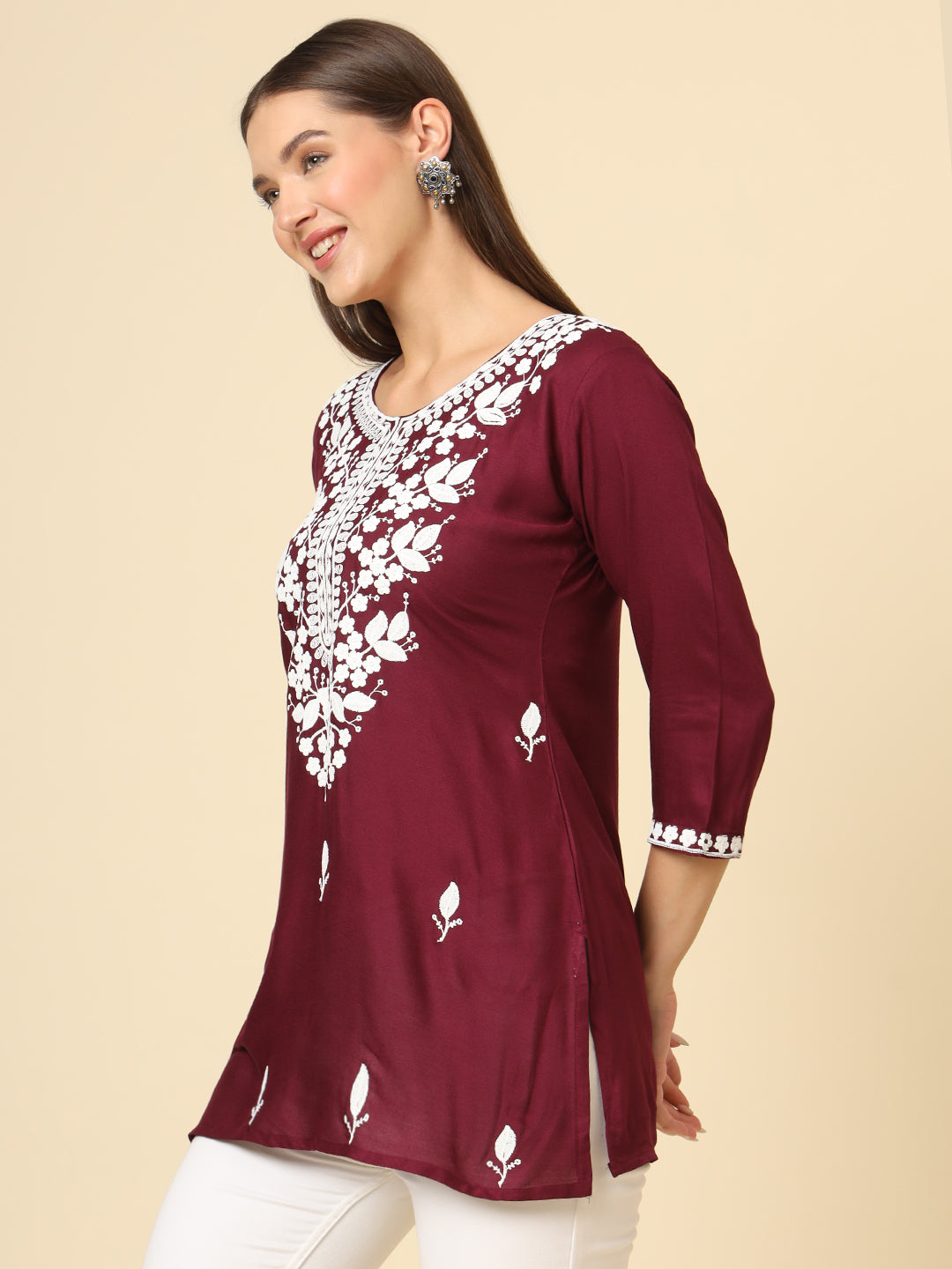 Stylish Short Kurti | Elegant Rayon Kurti with Chikankari Embroidery