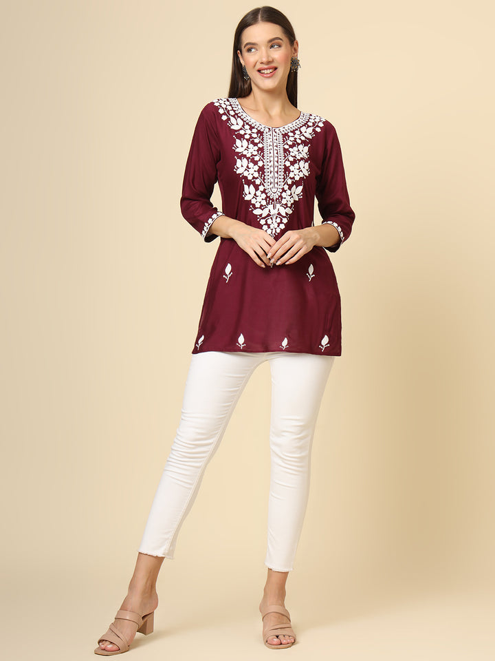 Stylish Short Kurti | Elegant Rayon Kurti with Chikankari Embroidery