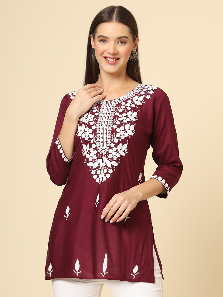 Stylish Short Kurti | Elegant Rayon Kurti with Chikankari Embroidery