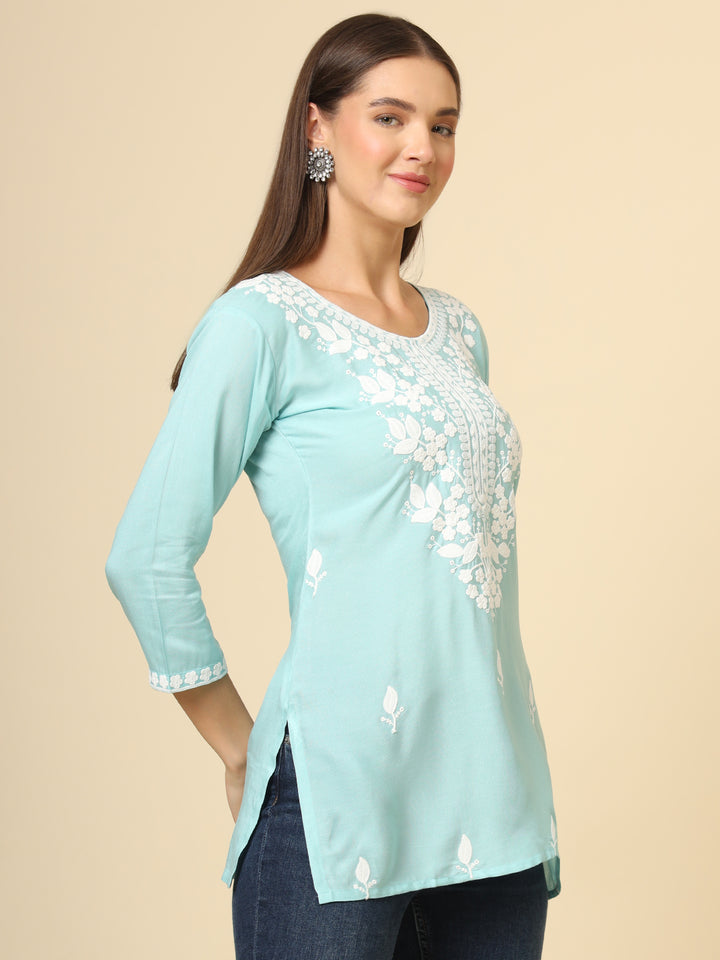 Stylish Short Kurti | Elegant Rayon Kurti with Chikankari Embroidery