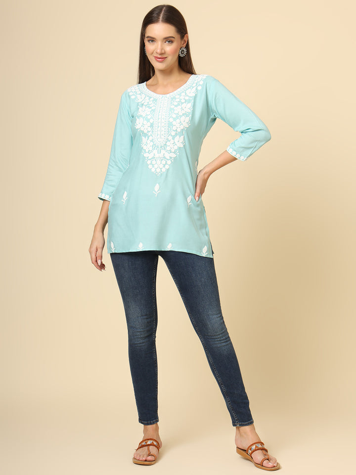 Stylish Short Kurti | Elegant Rayon Kurti with Chikankari Embroidery