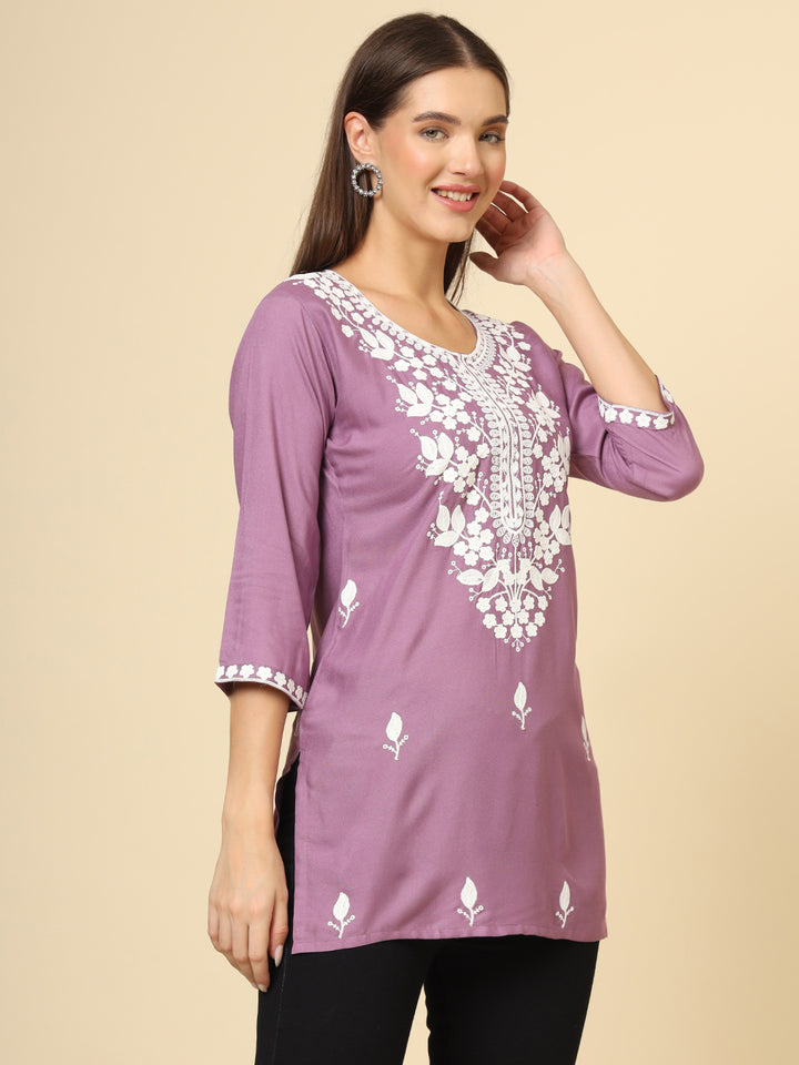 Stylish Short Kurti | Elegant Rayon Kurti with Chikankari Embroidery