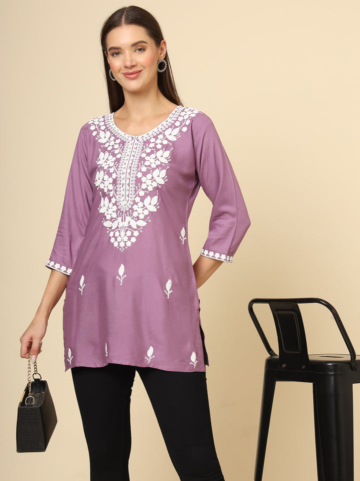 Stylish Short Kurti | Elegant Rayon Kurti with Chikankari Embroidery