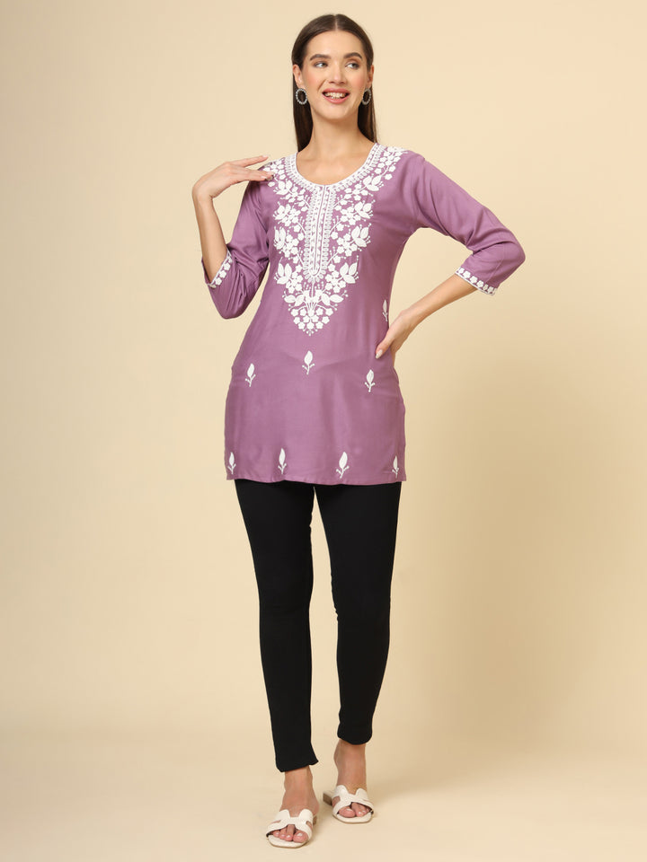 Stylish Short Kurti | Elegant Rayon Kurti with Chikankari Embroidery