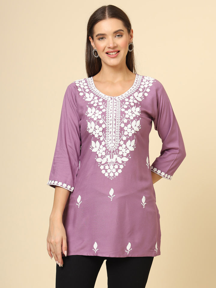 Stylish Short Kurti | Elegant Rayon Kurti with Chikankari Embroidery