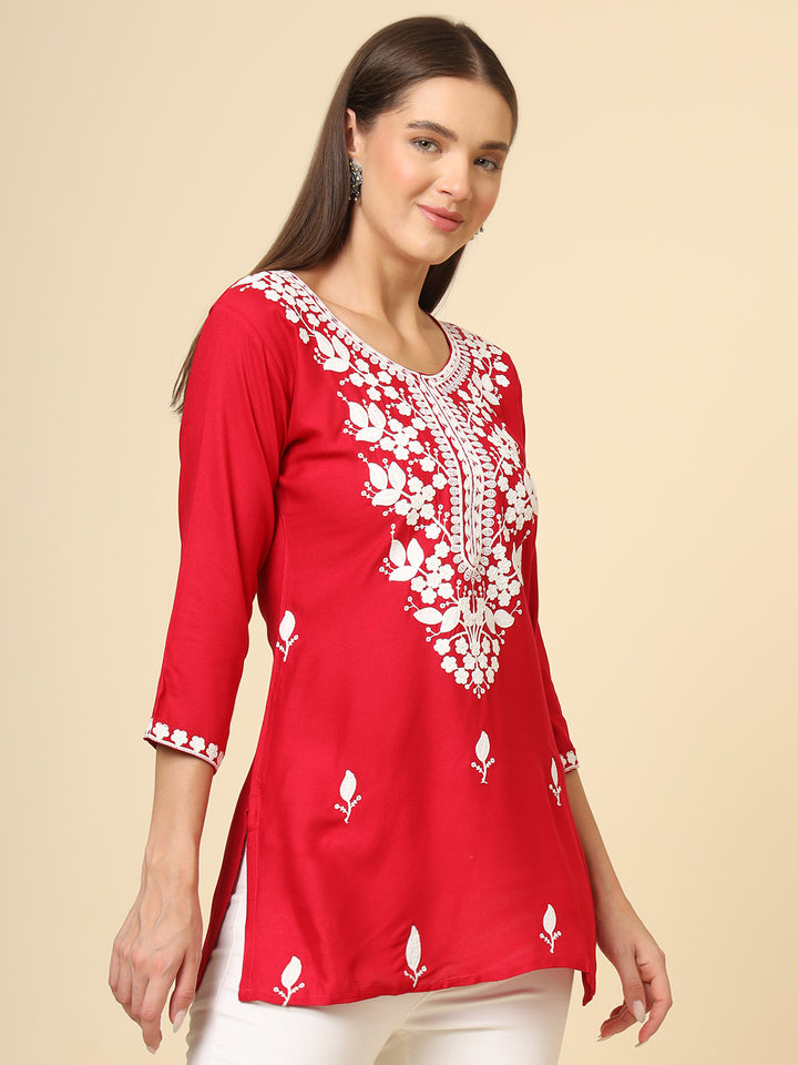 Stylish Short Kurti | Elegant Rayon Kurti with Chikankari Embroidery