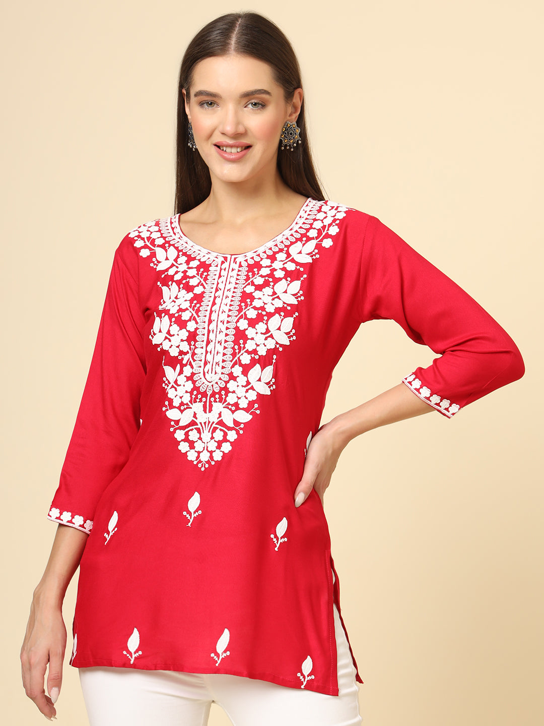 Stylish Short Kurti | Elegant Rayon Kurti with Chikankari Embroidery