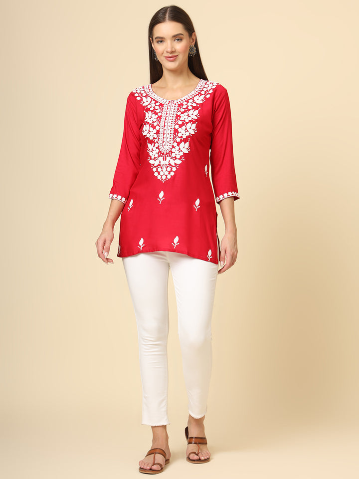 Stylish Short Kurti | Elegant Rayon Kurti with Chikankari Embroidery