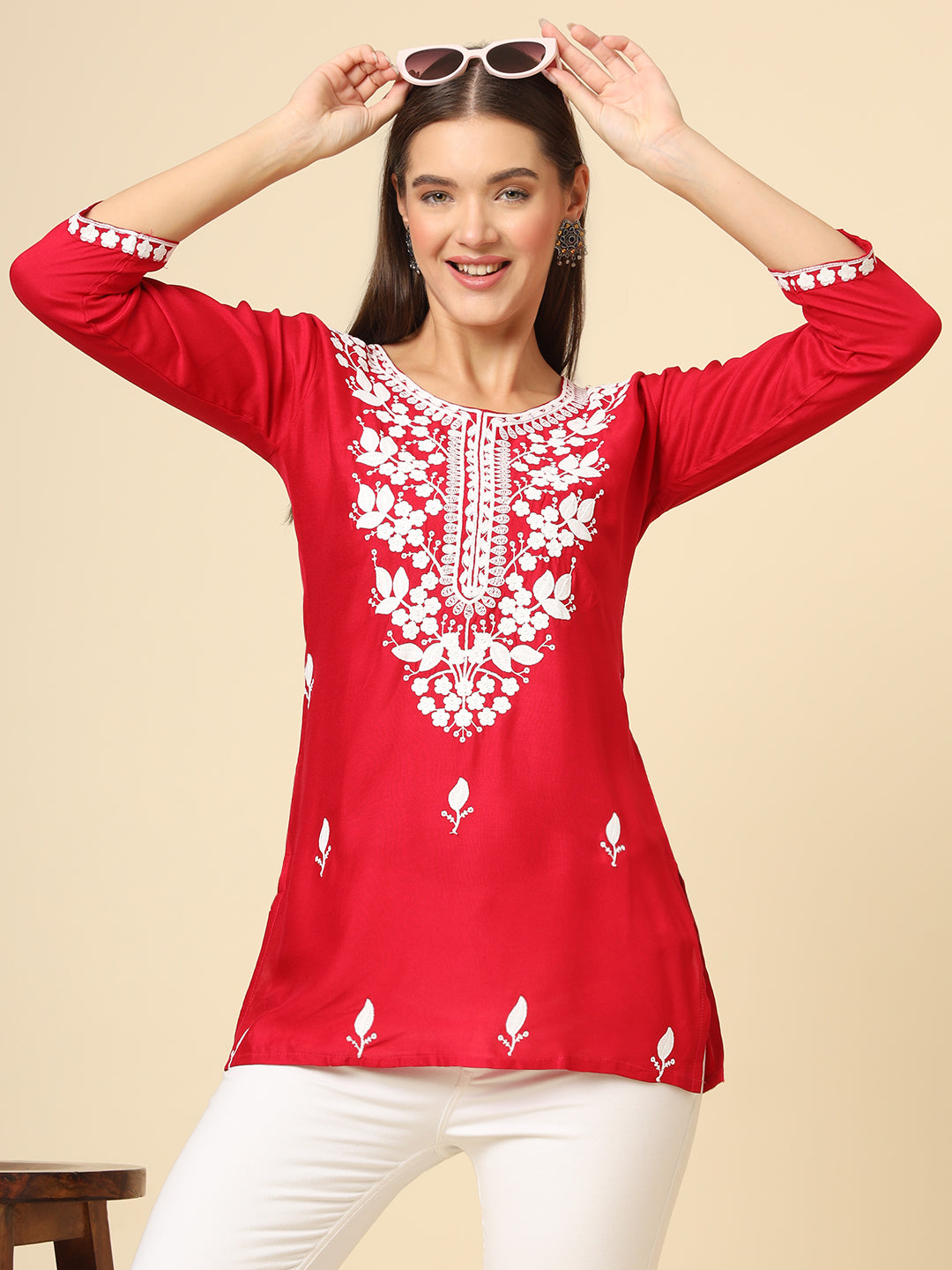 Stylish Short Kurti | Elegant Rayon Kurti with Chikankari Embroidery