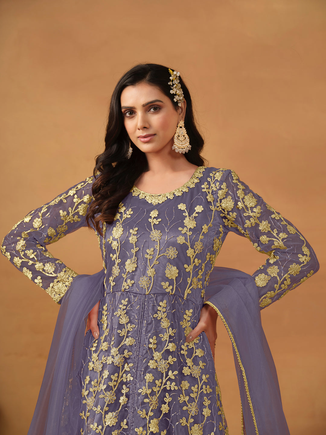 Elegant Net Anarkali Suit with Golden Embroidery and Dupatta