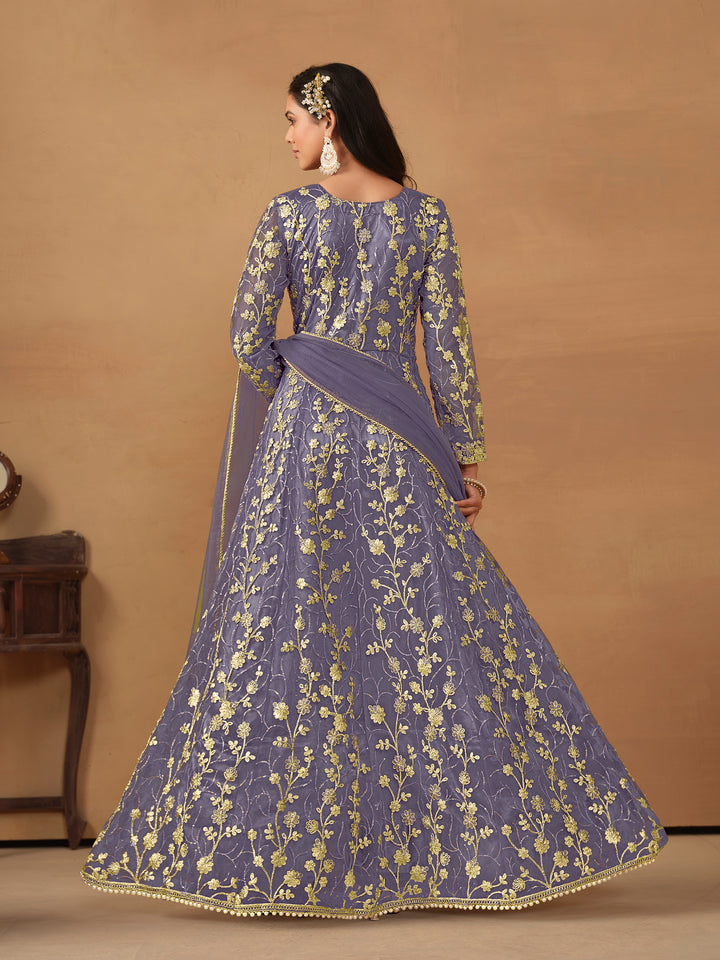 Elegant Net Anarkali Suit with Golden Embroidery and Dupatta