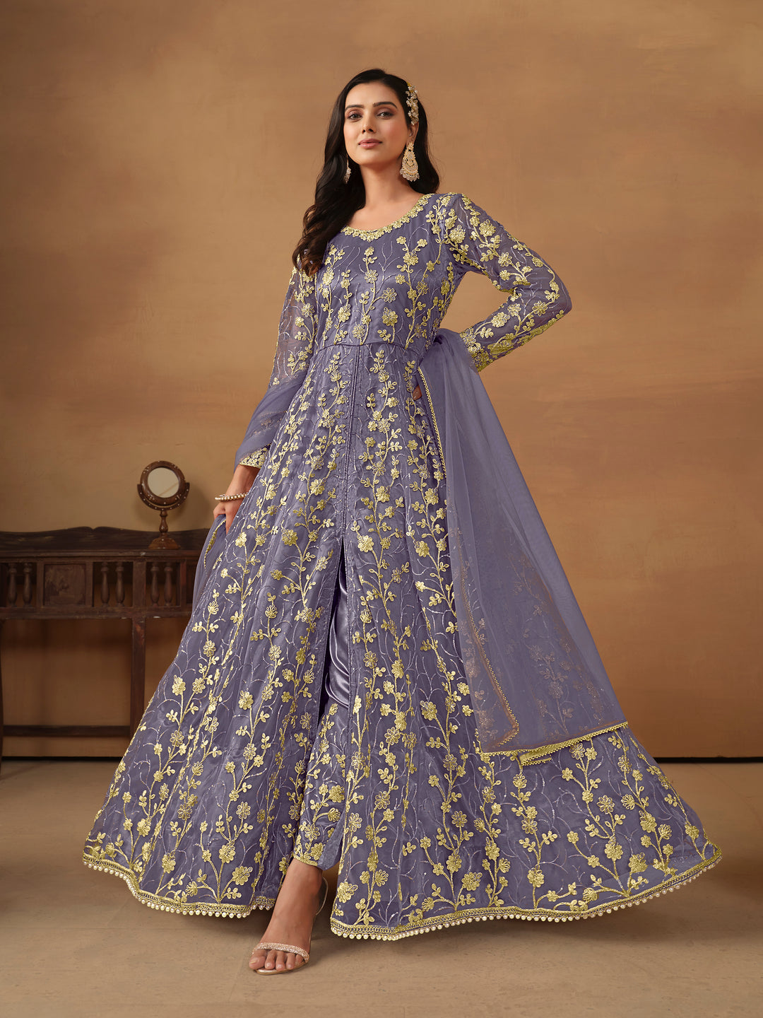 Elegant Net Anarkali Suit with Golden Embroidery and Dupatta