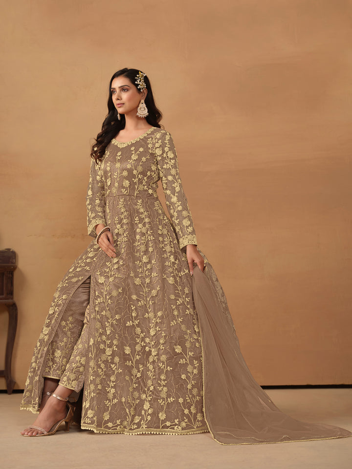 Elegant Net Anarkali Suit with Golden Embroidery and Dupatta