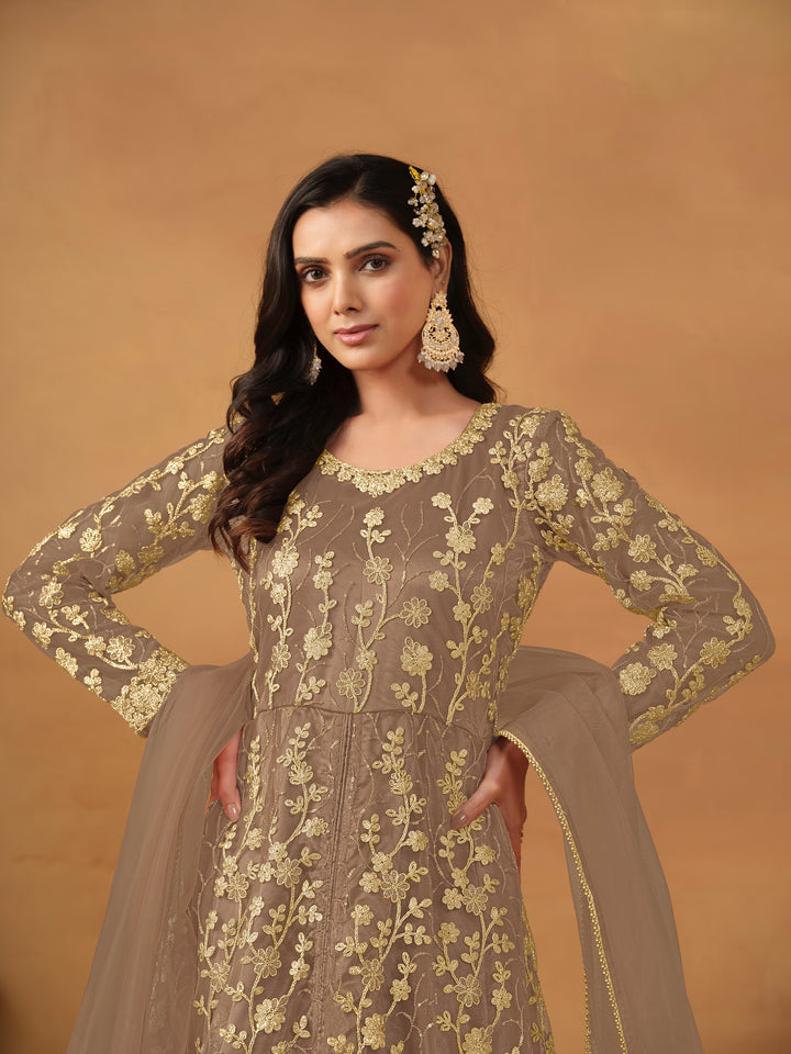 Elegant Net Anarkali Suit with Golden Embroidery and Dupatta