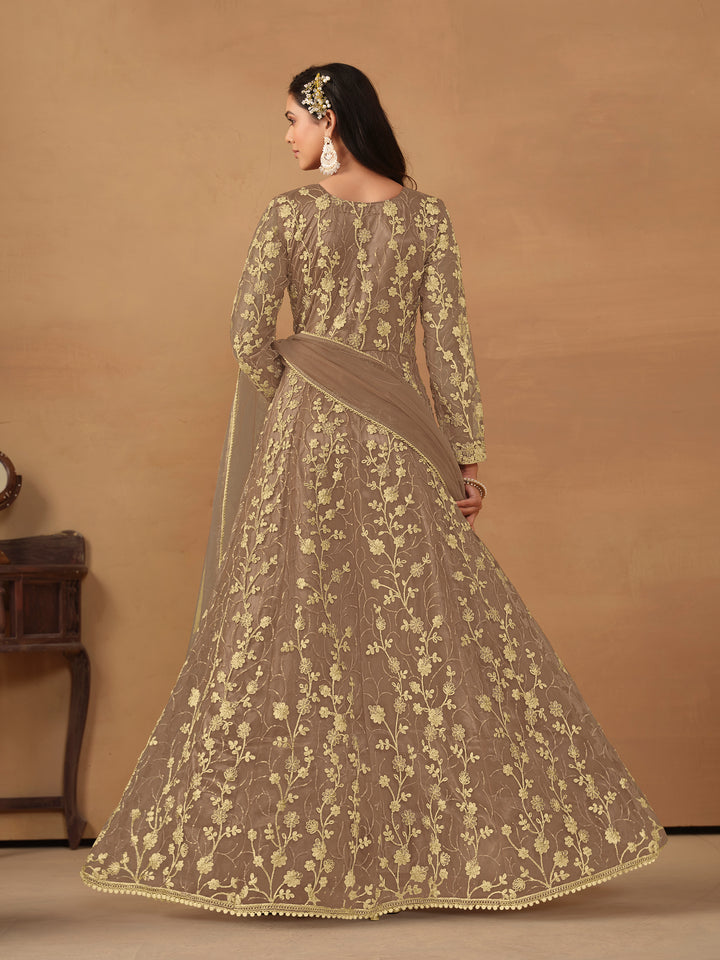 Elegant Net Anarkali Suit with Golden Embroidery and Dupatta