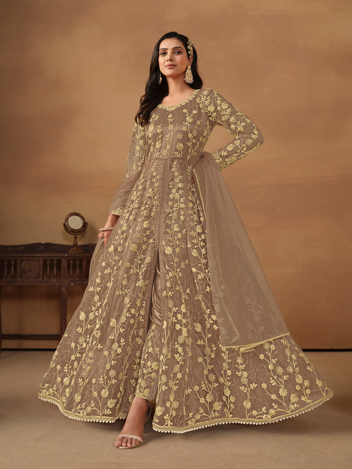 Elegant Net Anarkali Suit with Golden Embroidery and Dupatta