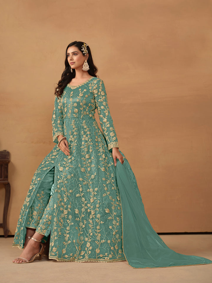 Elegant Net Anarkali Suit with Golden Embroidery and Dupatta