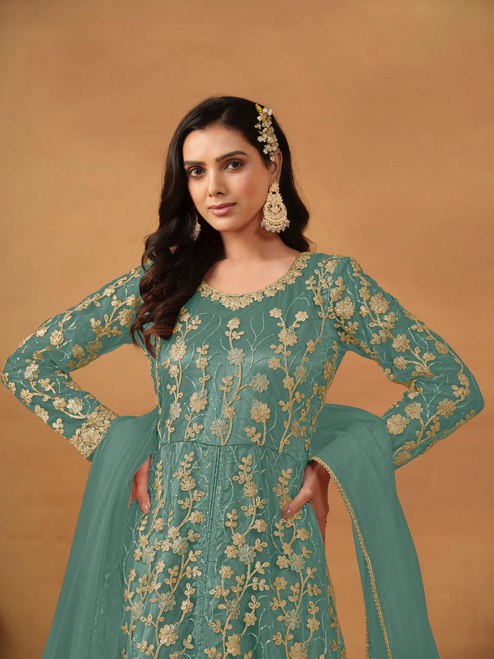 Elegant Net Anarkali Suit with Golden Embroidery and Dupatta